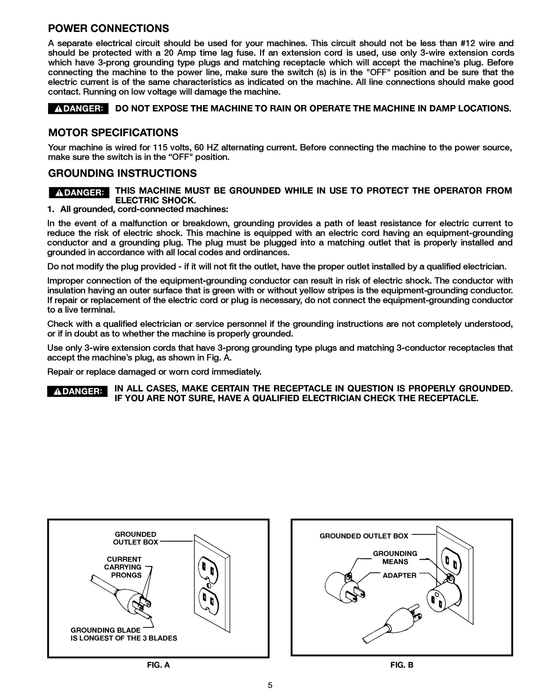 Delta 31-483 operating instructions Power Connections, Motor Specifications, Grounding Instructions 